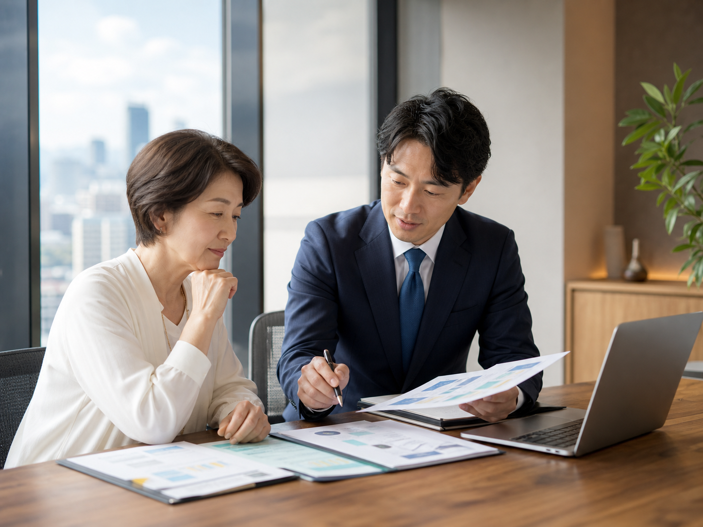福岡の事業承継相談で女性経営者とM&Aアドバイザーが資料を確認している画像