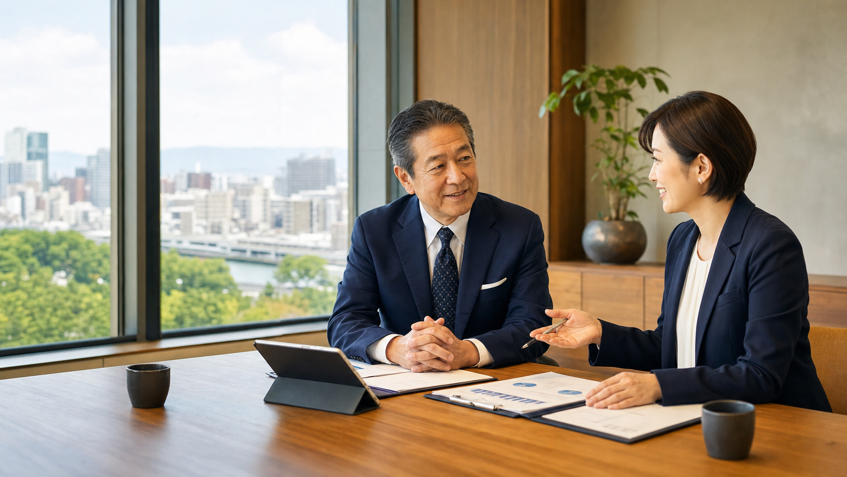 福岡の企業オーナーとM&Aアドバイザーが会社売却について相談している様子